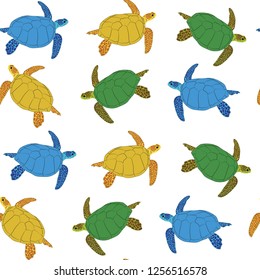 colorful turtiles cute animals sea seamless vector pattern