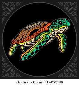 Colorful turtle cartoon zentangle arts. isolated on black background.