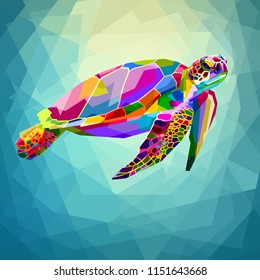 colorful turtle floating underwater in the geometric blue water ocean
