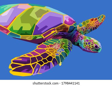 colorful turtle floating underwater on blue water ocean.