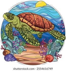 Colorful turtle in the sea.Coloring book antistress for children and adults.Color version. Hand draw