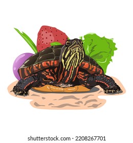A colorful turtle with vegetables and fruits
