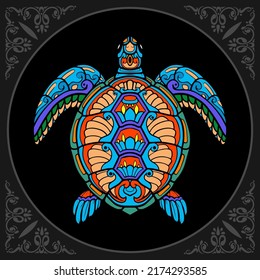 Colorful turtle zentangle arts. isolated on black background.