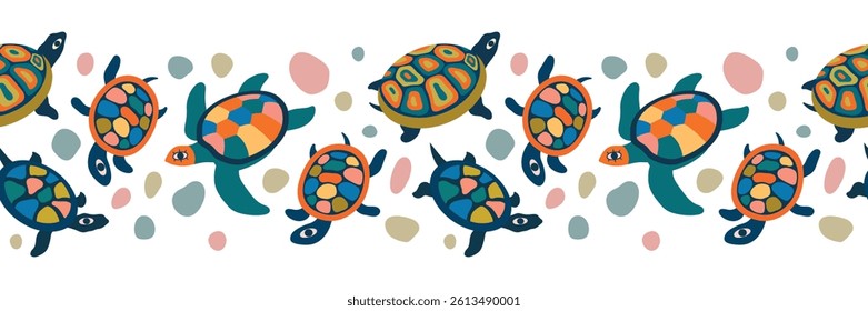 Colorful Turtles seamless border. Bright colored turtles and abstract elements. Isolated