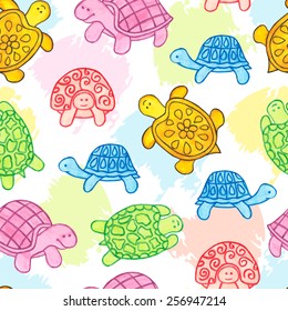 Colorful turtles seamless pattern. Watercolor painting - vector