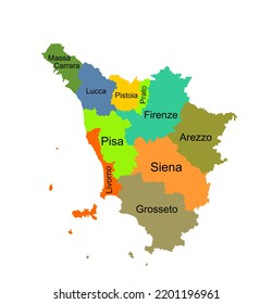 Colorful Tuscany map vector silhouette illustration isolated on white background. Toscana, Italy province vector map. Separated regions with borders. Italian territory, EU, Europe.