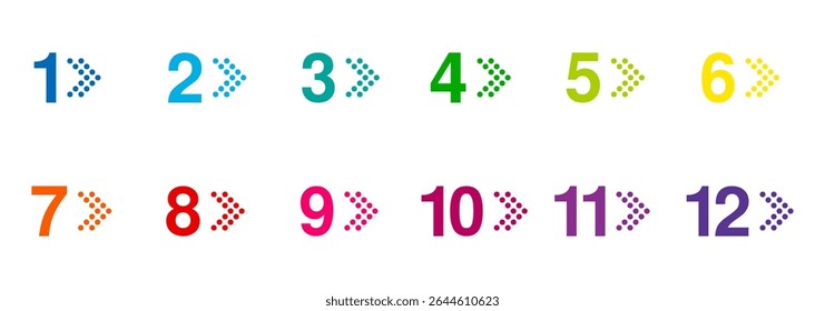colorido doze pontos de bala, de 1 a 12 marcadores de seta triângulo pontilhado, vetor infographics elementos