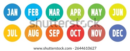 colorful twelve bullet points, from january to december 12 months round solid markers, vector infographics elements