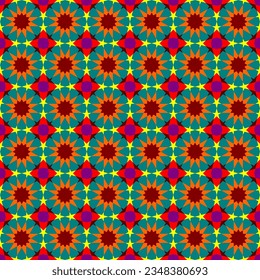 Colorful twelve-fold geometric pattern, various polygons and colors.