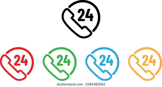 colorful twenty four hour support icon set in different colors . Call 24 hours icon . Vector illustration