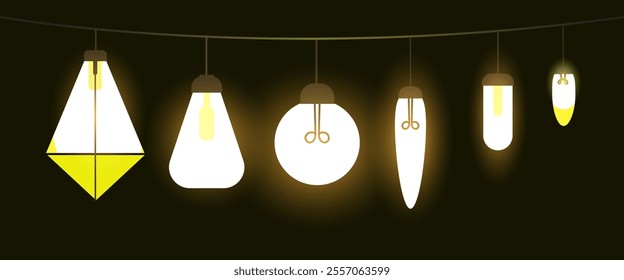 Colorful twinkling light bulbs hanging on cable. Glowing fairy festive Christmas lights garland string. Vector graphic New Year party led lamps decoration for Christmas Cards, Banners, Poster, Web	