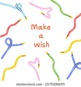 Colorful twisted birthday candles with make a wish text, playful minimalist cartoon illustration. Perfect for birthday greeting cards, festive invitations, social media posts, or celebratory designs.