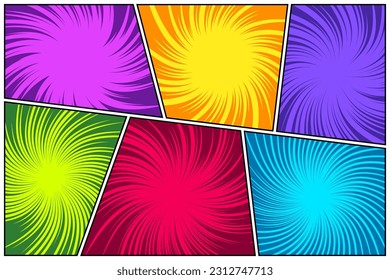 Colorful twisted comic book radial rays, lines. Comics background with motion, speed lines. Pop art style elements. Vector illustration