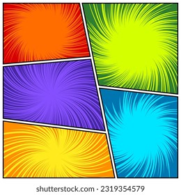 Colorful twisted comic book radial rays, lines. Comics background with motion, speed lines. Pop art style elements. Vector illustration