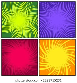 Colorful twisted comic book radial rays, lines. Comics background with motion, speed lines. Pop art style elements. Vector illustration