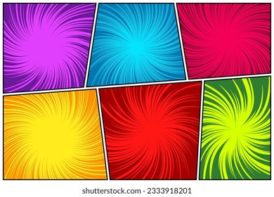 Coloridas líneas radiales de historietas retorcidas. Comics de fondo con movimiento, líneas de velocidad. Elementos de estilo de arte pop. Ilustración del vector