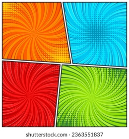 Farbiges verdrehtes Comicbuch Radialrochen, Linien. Comics Hintergrund mit Bewegung, Geschwindigkeitslinien. Pop-Art-Elemente. Vektorgrafik