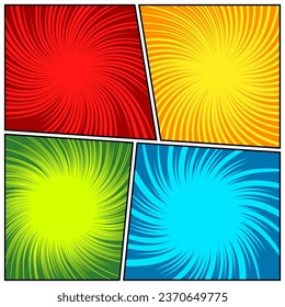 Coloridas líneas radiales de historietas retorcidas. Comics de fondo con movimiento, líneas de velocidad. Elementos de estilo de arte pop. Ilustración del vector