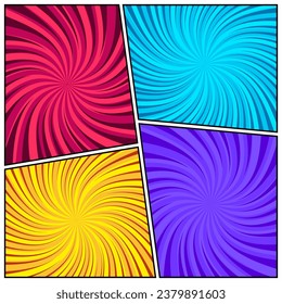 Colorful twisted comic book radial rays, lines. Comics background with motion, speed lines. Pop art style elements. Vector illustration