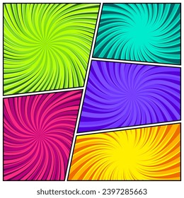 Coloridas líneas radiales de historietas retorcidas. Comics de fondo con movimiento, líneas de velocidad. Elementos de estilo de arte pop. Ilustración del vector