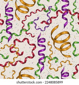 Colorful twisted, falling serpentine ribbons on white background, seamless carnival pattern. Vector illustration. Carnaval print ornament. Red, yellow, purple, green streamers on textured backdrop.