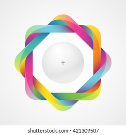 Colorful twisted frame with a bright sphere. Optical illusion with a 3d effect. Template for a logo, symbol, icon, emblem. Useful as design element for poster, cover, invitation or business card.