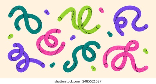 Líneas retorcidas de colores. Abstractas Formas garabatos, divertido estilo minimalista garabatos conjunto de Ilustración vectorial plana. Formas dibujadas a mano a mano
