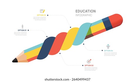 Colorful twisted pencil infographic with 4 steps for education, learning, business, and presentation design, vector.