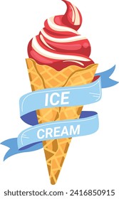 Colorful twisted soft serve ice cream cone with a blue ribbon banner. Delicious dessert graphic with ribbon text. Sweet frozen treat vector illustration.