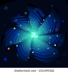 Colorful twisted spiral object on a black background with flat stars and planets. Space background