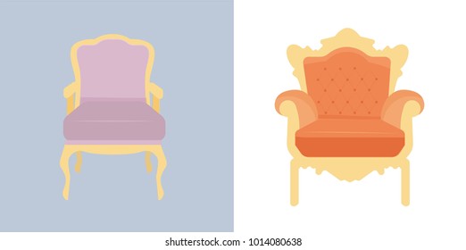 Colorful two chairs in flat style to use in animation, illustration, scene, background, interior design. Vector icons of leather armchairs isolated on the white background.