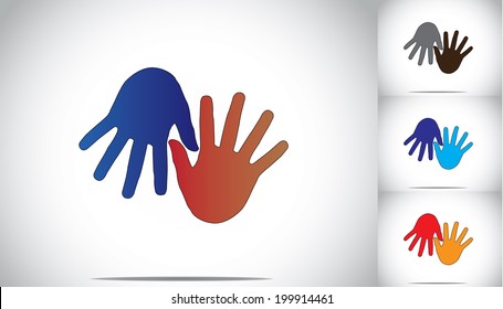 colorful two human hands supporting family friends concept art. blue and red colored human hands helping each other in friendship and relationship - collection illustration set 