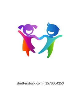 Colorful two kids play logo design, creative child logo template, modern children education logo, happy boy and girl holding hands and laughing vector illustration