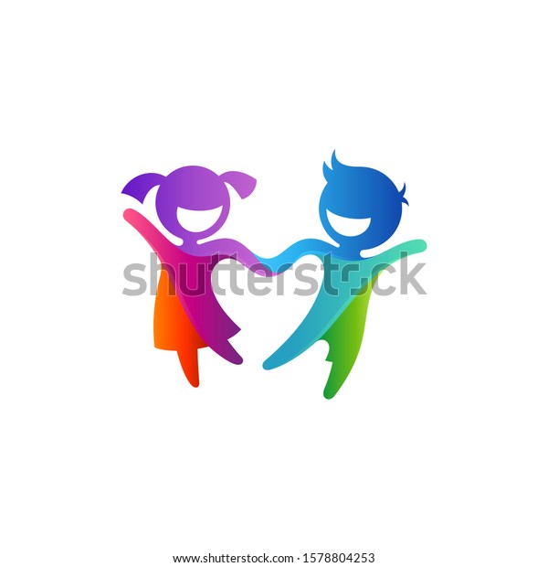 Colorful two kids play logo\
design, creative child logo template, modern children education\
logo, happy boy and girl holding hands and laughing vector\
illustration