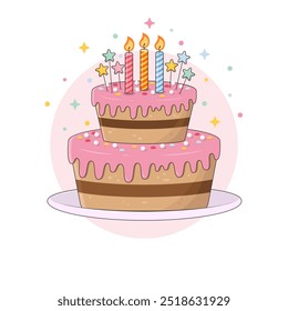 Colorful two layers birthday cake on a plate in cartoon style with candles and stars on top and colorful confetti on strawberry cream. Party chocolate cake vector illustration.