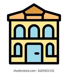 Colorful two story building featuring arched windows and a light blue door, evoking a classic architectural style