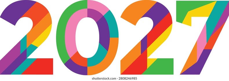A colorful typographic design of the year 2027 featuring a mosaic-like pattern of various geometric shapes. This graphic is ideal for New Year invitations, calendar covers, marketing banners, and seasonal greetings.
