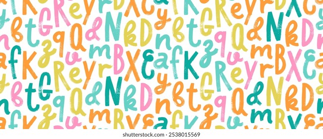 Colorful typographic seamless pattern in kid's style. Hand drawn bold letters. Alphabet wallpaper with funky letters. Brush drawn vector font seamless pattern. Grunge bold alphabet background.