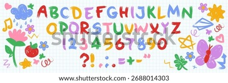 Colorful typography with crayon texture for kid design - alphabet, numbers and doodles for children educational materials. Playful handmade font set with brushstroke letters and decorative elements.