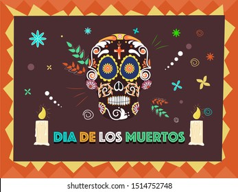 Colorful typography of Dia De Muertos with creative ornate sugar skull and illuminated candle on abstract background. Can be used as banner or poster design.