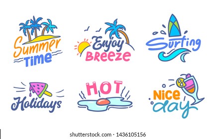 Colorful Typography with Doodle Elements Set, Summer Time, Enjoy Breeze, Surfing, Holidays, Hot, Nice Day Clip Art Drawing for Greeting Card, Poster, Banner, T-shirt Design Cartoon Vector Illustration