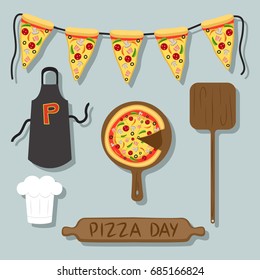 Colorful typography illustration celebrating Pizza Day decorated with Flavorful Pizzas