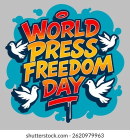 Colorful typography illustration celebrating World Press Freedom Day. Vibrant design with press, freedom, and journalism elements. Perfect for awareness campaigns and editorials.