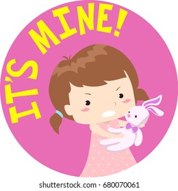 Colorful Typography Illustration Featuring an Angry Little Girl Holding Her Stuffed Bunny Tightly