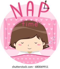 Colorful Typography Illustration Featuring a Cute Little Girl With the Word Nap Written Above Her