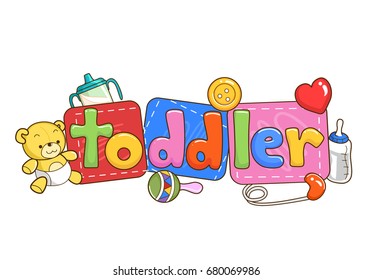 Colorful Typography Illustration Featuring a Stuffed Bear Sitting Beside Letter Tiles That Spell Out the Word Toddler