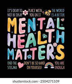 Colorful typography reminding people that mental health matters and encouraging self-love and acceptance