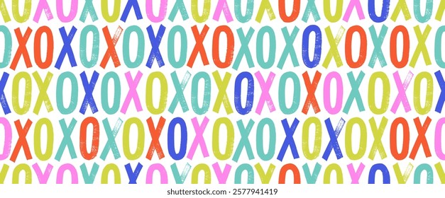 Colorful typography seamless pattern with grunge letters X and O. Brush drawn capital letters with rough texture. Romantic background for Valentine's day. Grunge bold font with dry brush texture