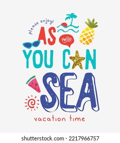 colorful typography slogan with beach icons and gold glitter vector illustration for fashion print