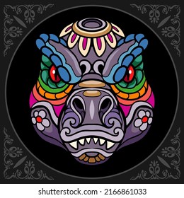 Colorful tyrannosaurus rex head zentangle arts. isolated on black background